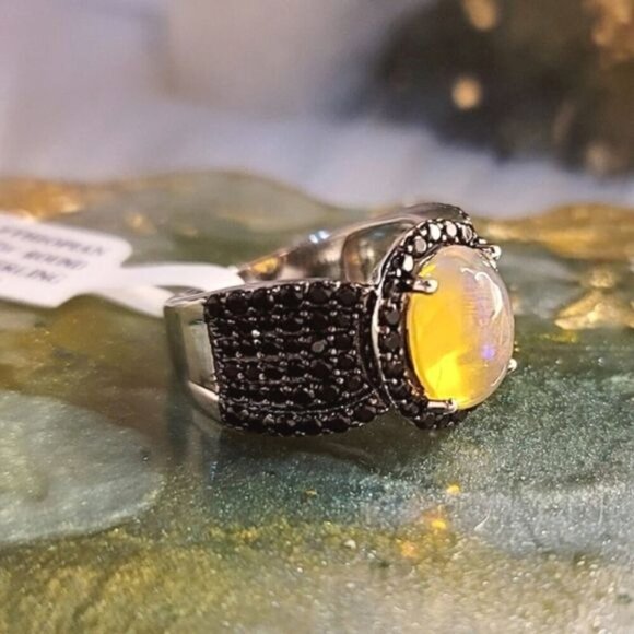 Ethiopian Opal ✦ Black Spinel Ring ✦ 925 Rhodium Oval Fire Gemstone Sz 5 NWT - Picture 2 of 6